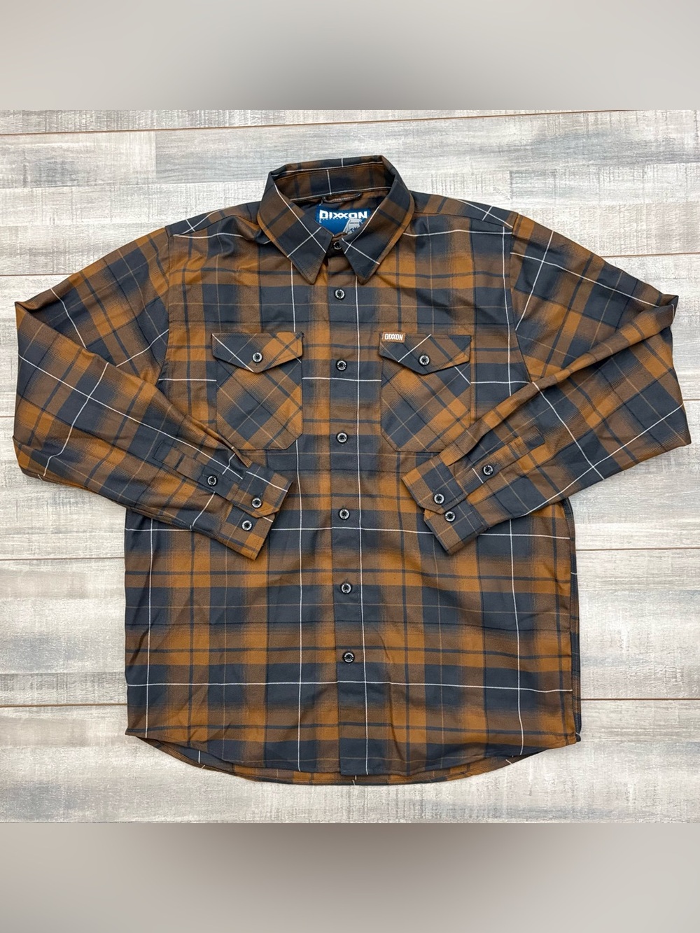 Dixxon Flannel Company The Boroughs Shirt Mens L Brown Plaid D-Tech Long Sleeve